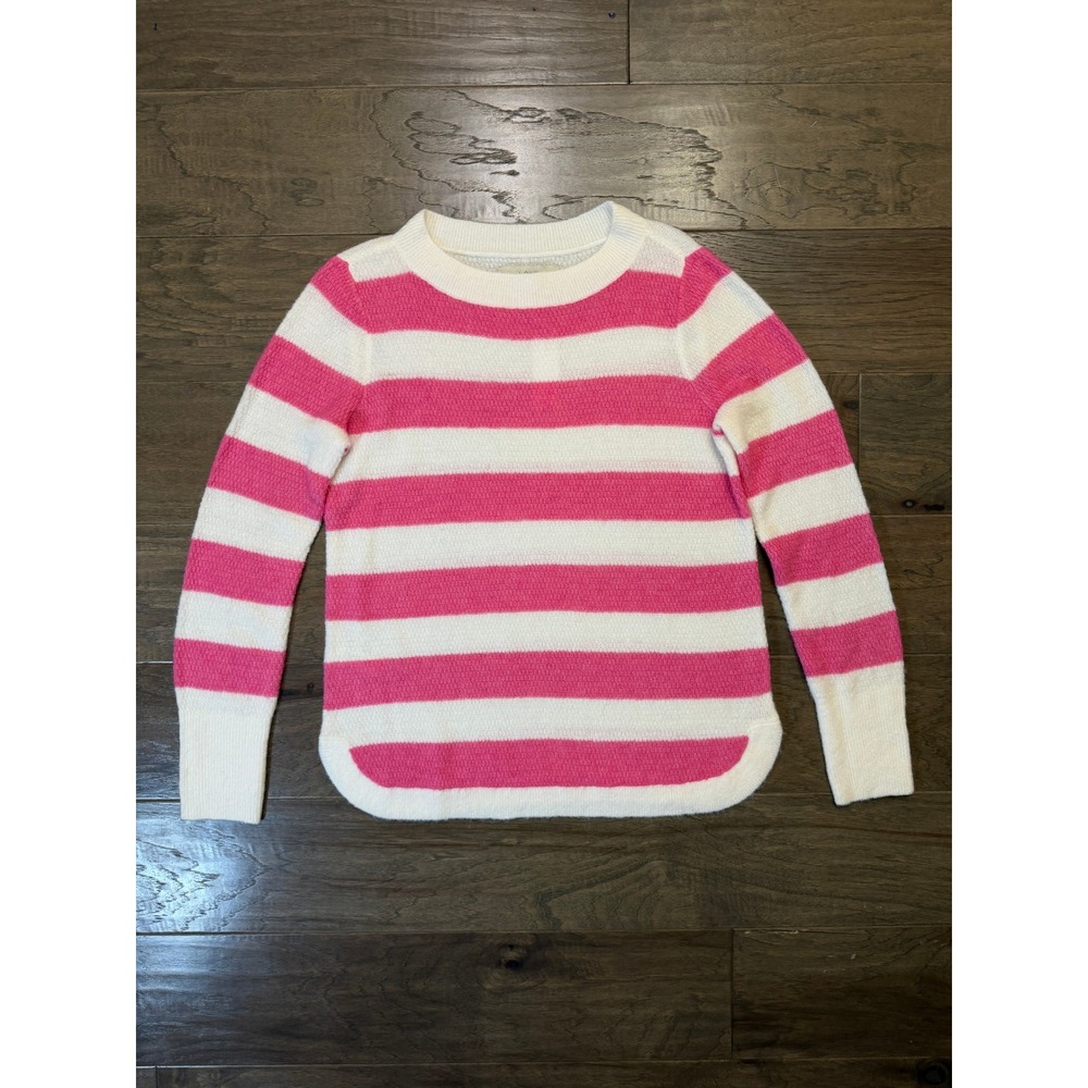 NWT Loft Womens Pink White Striped Crewneck Sweater Long Sleeve Curved Hem Large